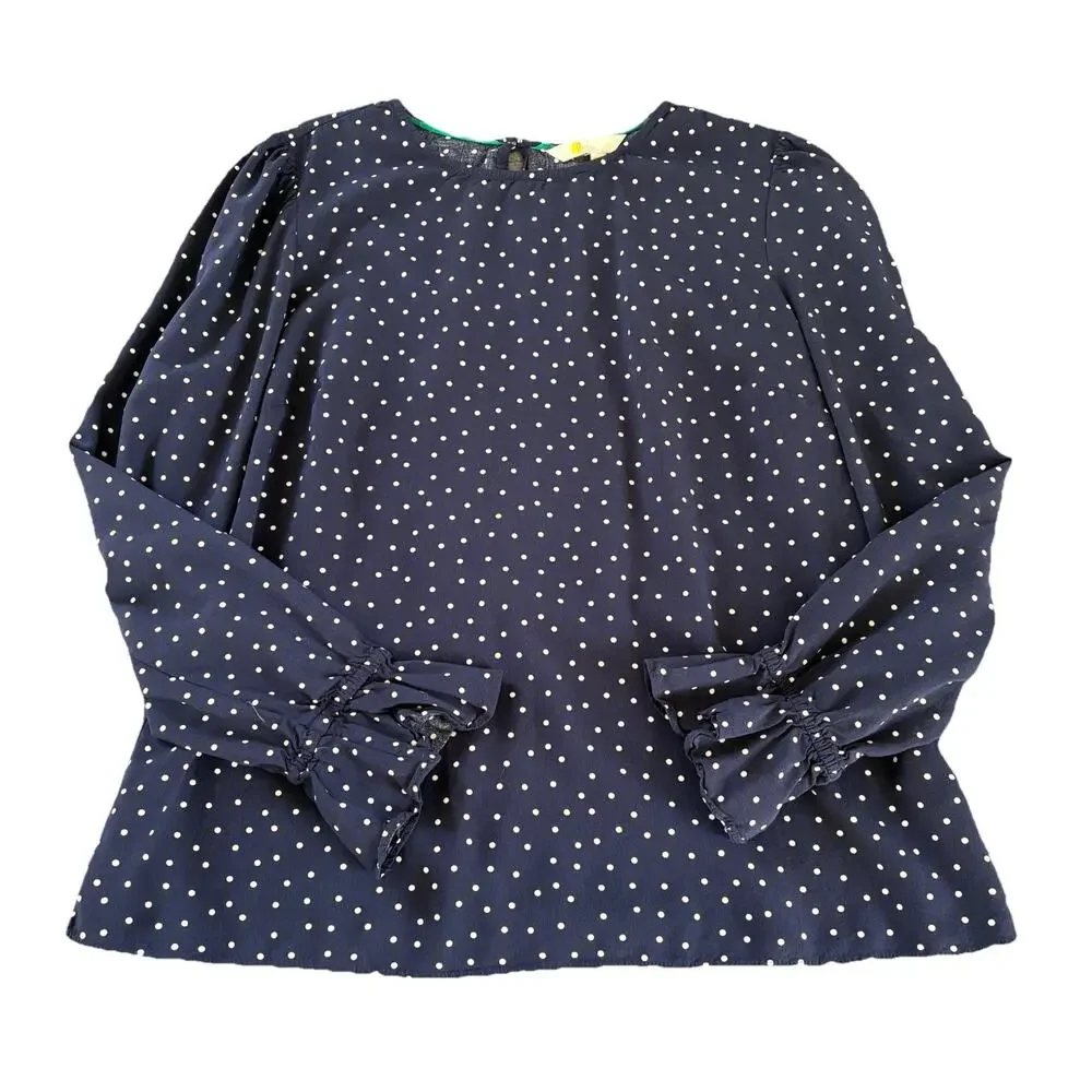 Boden Women's 100% Viscose Navy with White Polka Dot Long Puff Sleeve Blouse